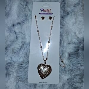 Pastels Heart Locket Pendant Necklace And Earrings